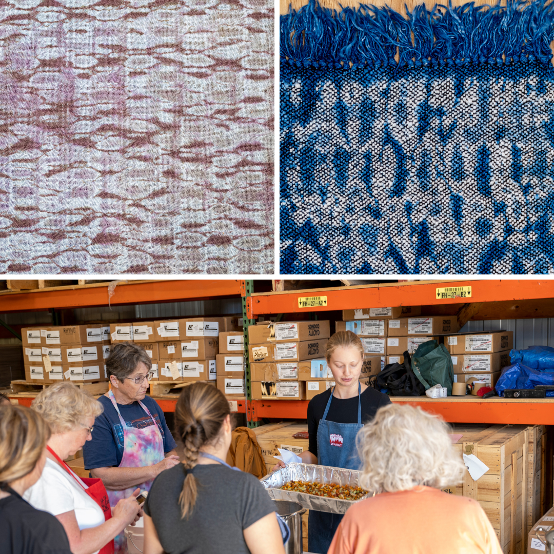 A three section collage, upper right a pink and white woven fabric sample, upper right: a blue and white woven sample, bottom: a group of women taking a dyeing class